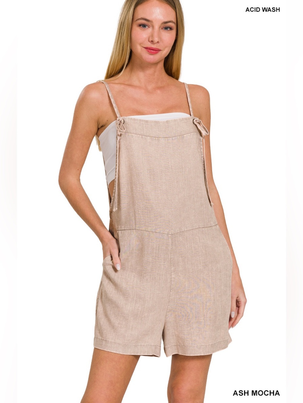 Zenana Outfitters Ash Mocha Linen-Blend Short Overalls